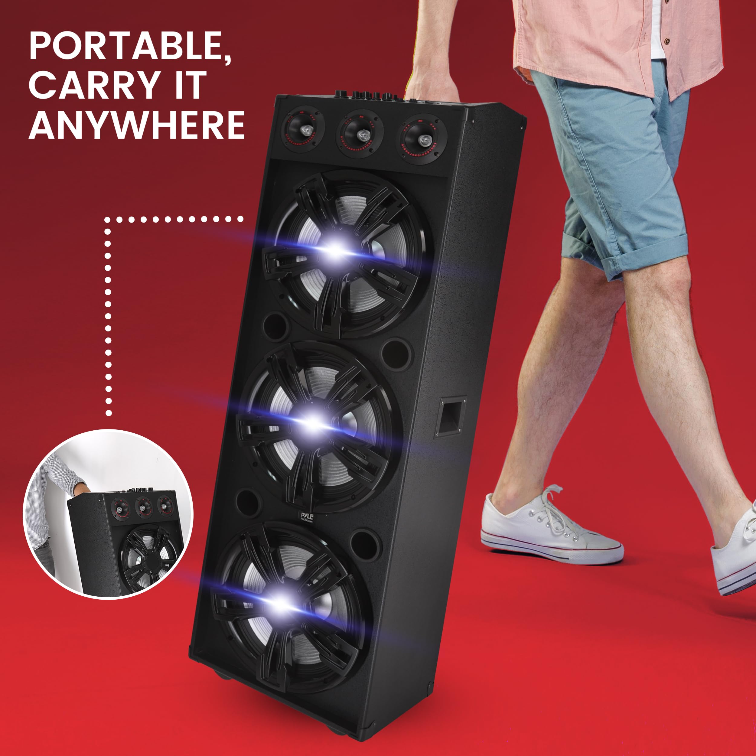 3x12” Portable Bluetooth PA Karaoke Speaker System, 2200 Watt Karaoke Speaker with LED Lights, USB Micro SD FM BT Aux Remote Control Mic Inputs, with Wheels and Handle Bar