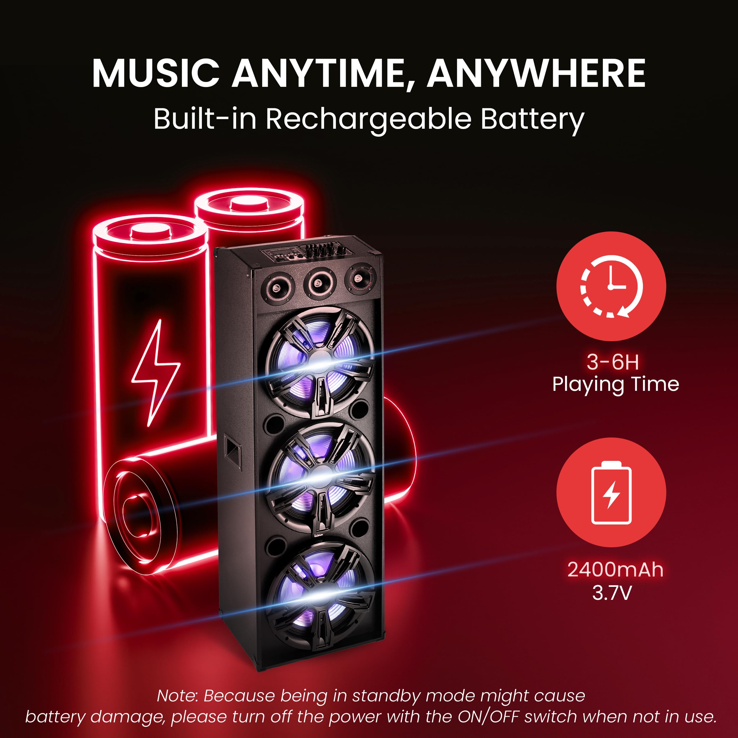 3x12” Portable Bluetooth PA Karaoke Speaker System, 2200 Watt Karaoke Speaker with LED Lights, USB Micro SD FM BT Aux Remote Control Mic Inputs, with Wheels and Handle Bar