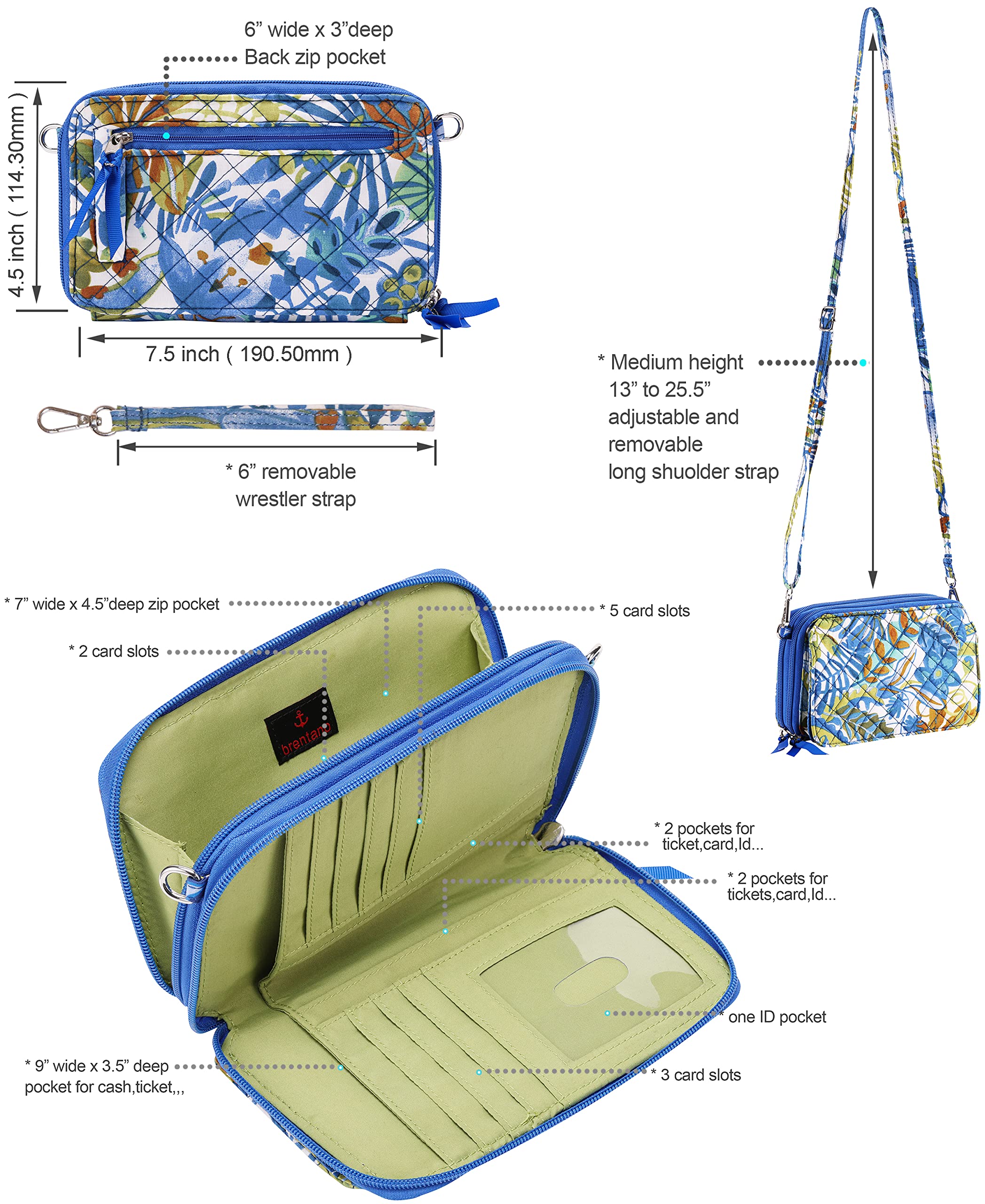 Brentano Cotton quilted double-zipper crossbody wallet purse and clutch (TROPICAL PARADISE)