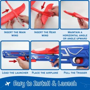 Toy Airplane Launcher - Outdoor Games - 4 Pack 17.5 Foam Glider Planes + 2 Launchers + 4 Sets of Stickers - LED Lights - Throwing Toys for Kids - Red & Blue Flying Toys – 4 5 6 7 8 Year Old Boys Girls