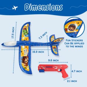 Toy Airplane Launcher - Outdoor Games - 4 Pack 17.5 Foam Glider Planes + 2 Launchers + 4 Sets of Stickers - LED Lights - Throwing Toys for Kids - Red & Blue Flying Toys – 4 5 6 7 8 Year Old Boys Girls