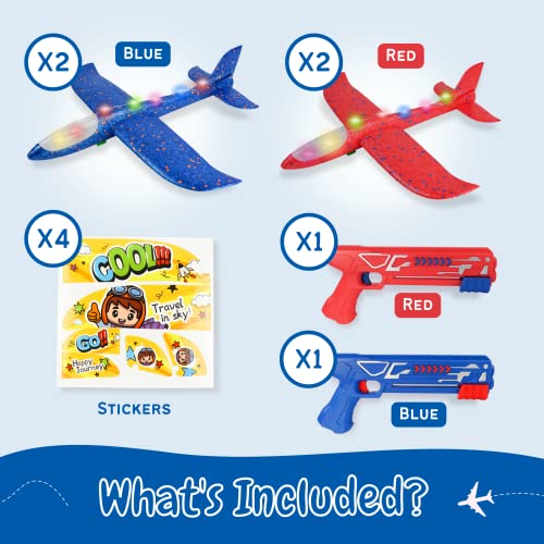 Toy Airplane Launcher - Outdoor Games - 4 Pack 17.5 Foam Glider Planes + 2 Launchers + 4 Sets of Stickers - LED Lights - Throwing Toys for Kids - Red & Blue Flying Toys – 4 5 6 7 8 Year Old Boys Girls