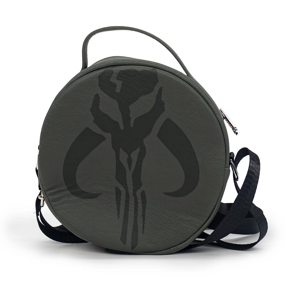 Star Wars Bag, Cross Body, Round, The Book of Boba Fett Bounty Hunter and Mythosaur, Grays, Vegan Leather