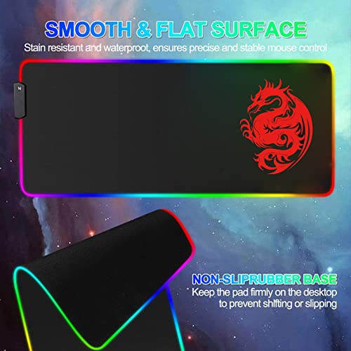 RGB Mouse Pad,Gaming Mouse Pad - 15 Light Modes Extended Computer Keyboard Mousepad,Dragon Mouse Pad,High-Performance LED Mouse Pad Optimized for Gamer 800×300mm/31.5 X 12in (Red)