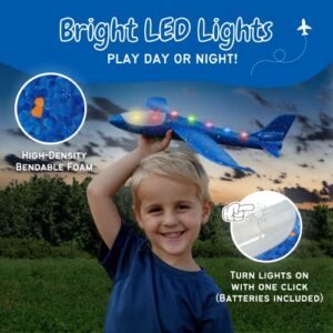 Toy Airplane Launcher - Outdoor Games - 4 Pack 17.5 Foam Glider Planes + 2 Launchers + 4 Sets of Stickers - LED Lights - Throwing Toys for Kids - Red & Blue Flying Toys – 4 5 6 7 8 Year Old Boys Girls