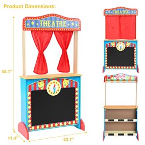 CHIUHEI Deluxe Wooden Puppet Theater with Curtains, Blackboard and Clock, Double-Sided Play Store 3-8Y & Kid Puppet Show Theater with 2 Hand Puppets and 4 Finger Puppets for Toddlers 1-3