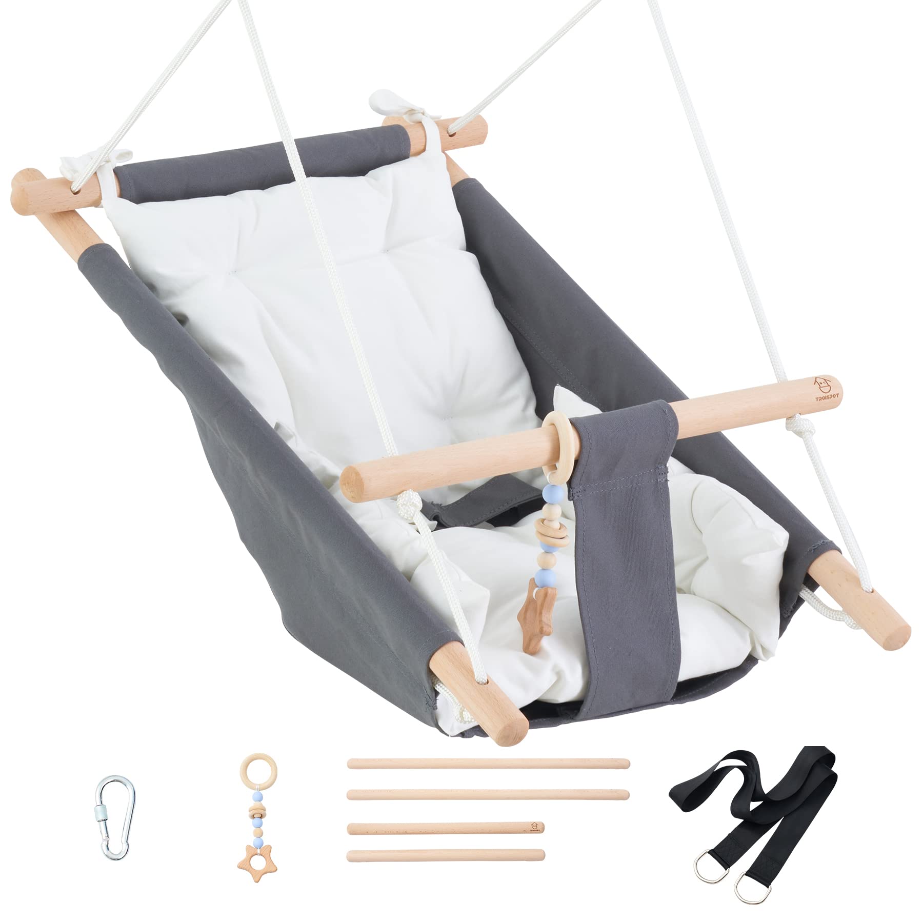 Troispot Comfortable Baby Swing Bed, Secure Canvas and Wooden Hanging Swing Chair for Baby, Infant, Toddler, Kids Toys, Indoor Outdoor Hammock for Indoor Playground, Tree Swings or Backyard, D1