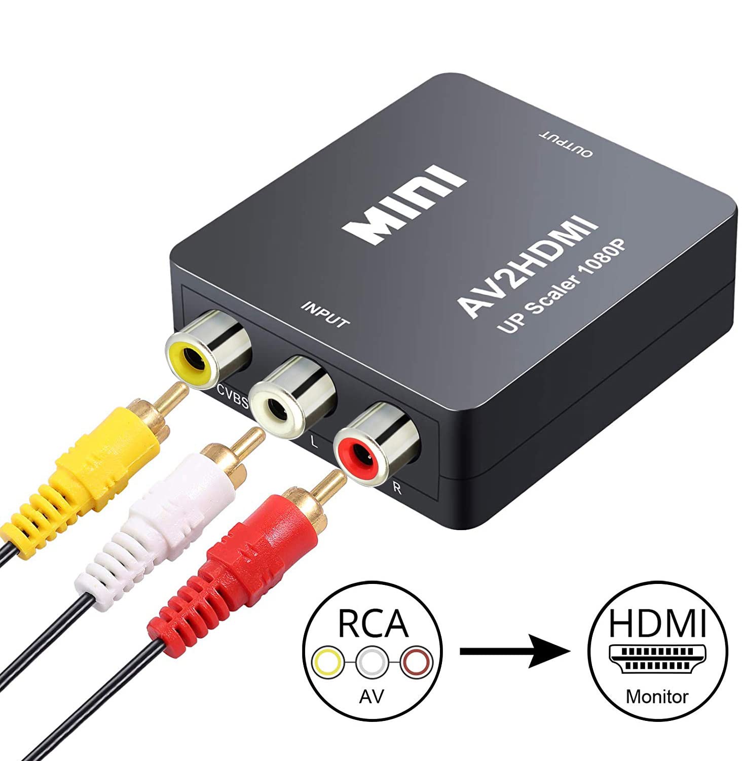 RCA to HDMI Converter, AV to HDMI Converter Adapter, CYSINGC Mini Composite CVBS Video Audio Converter Adapter for Camera DVD VHS VCR STB PSP Xbox PS2 WII to New HDTV Monitor or Projector (Black)