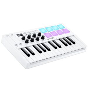 M-WAVE 25 Key USB MIDI Keyboard Controller With 8 Backlit Drum Pads, Bluetooth Semi Weighted Professional dynamic keybed 8 Knobs and Music Production,Software Included (White)