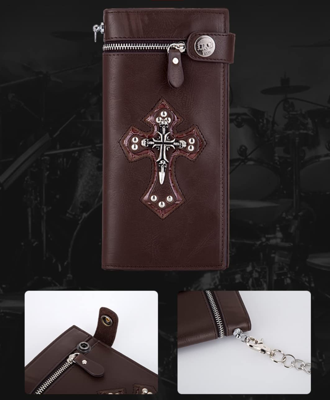 Wallet Men Punk Style Personality Long Wallet Skull Cross Retro Wallet (Color : Black B, Size : A)