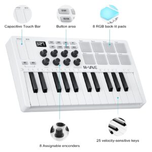 M-WAVE 25 Key USB MIDI Keyboard Controller With 8 Backlit Drum Pads, Bluetooth Semi Weighted Professional dynamic keybed 8 Knobs and Music Production,Software Included (White)