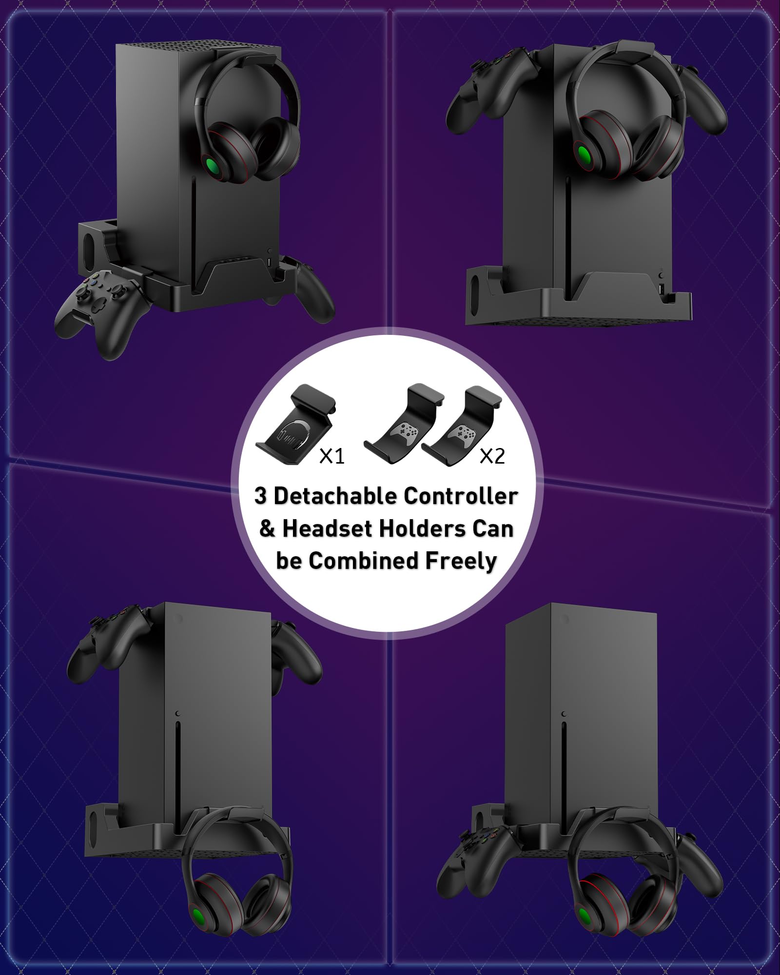 Wall Mount for Xbox Series X with 2 Controller Holders and 1 Headphone Stand, Wall Mount Kit for Xbox Series X Accessories, Dual Ventilation Design Wall Shelf, Place Console Front Facing