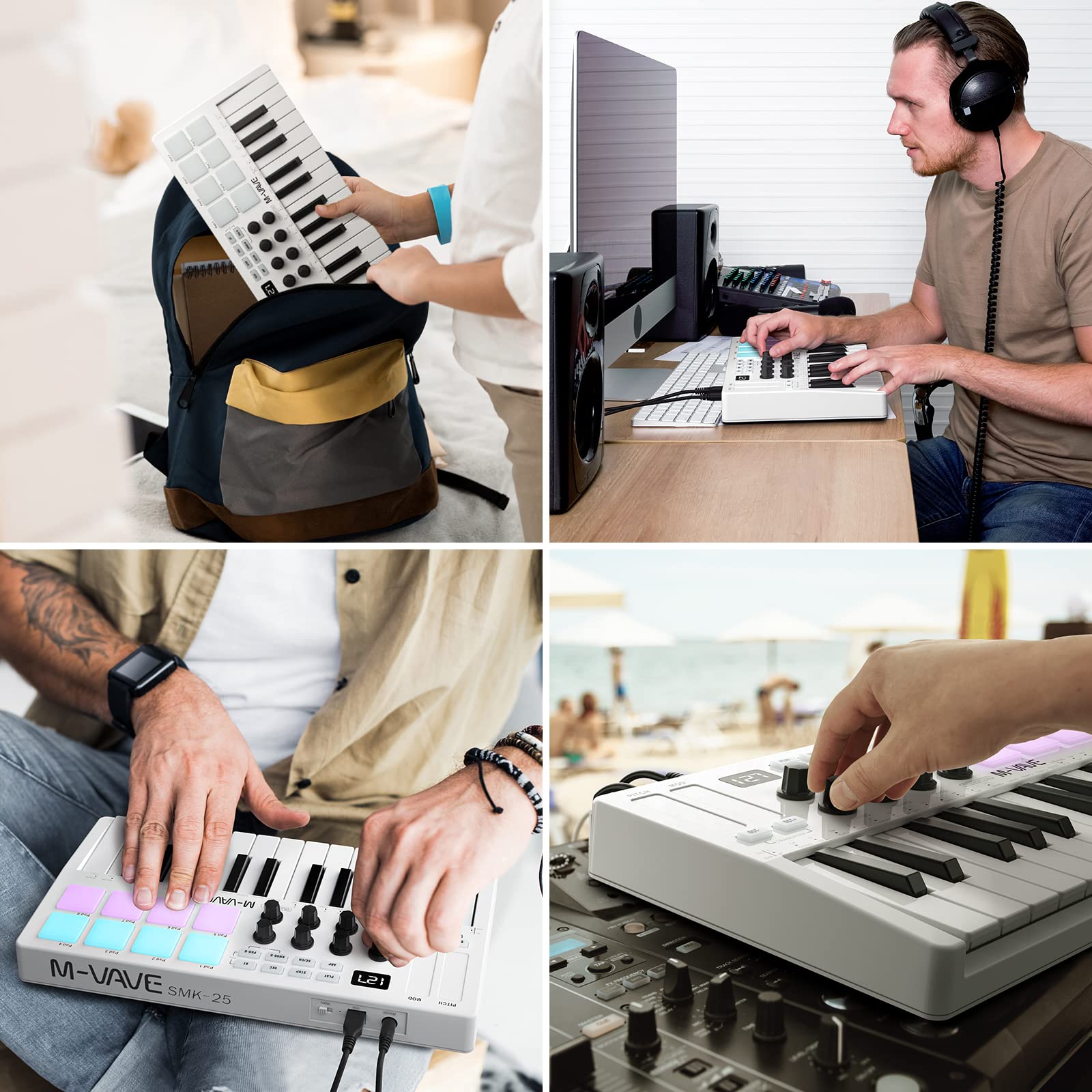 M-WAVE 25 Key USB MIDI Keyboard Controller With 8 Backlit Drum Pads, Bluetooth Semi Weighted Professional dynamic keybed 8 Knobs and Music Production,Software Included (White)