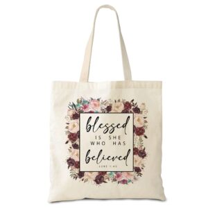 hyturtle religious christian gifts for girl women - birthday christmas - blessed is she who has believed canvas tote bag