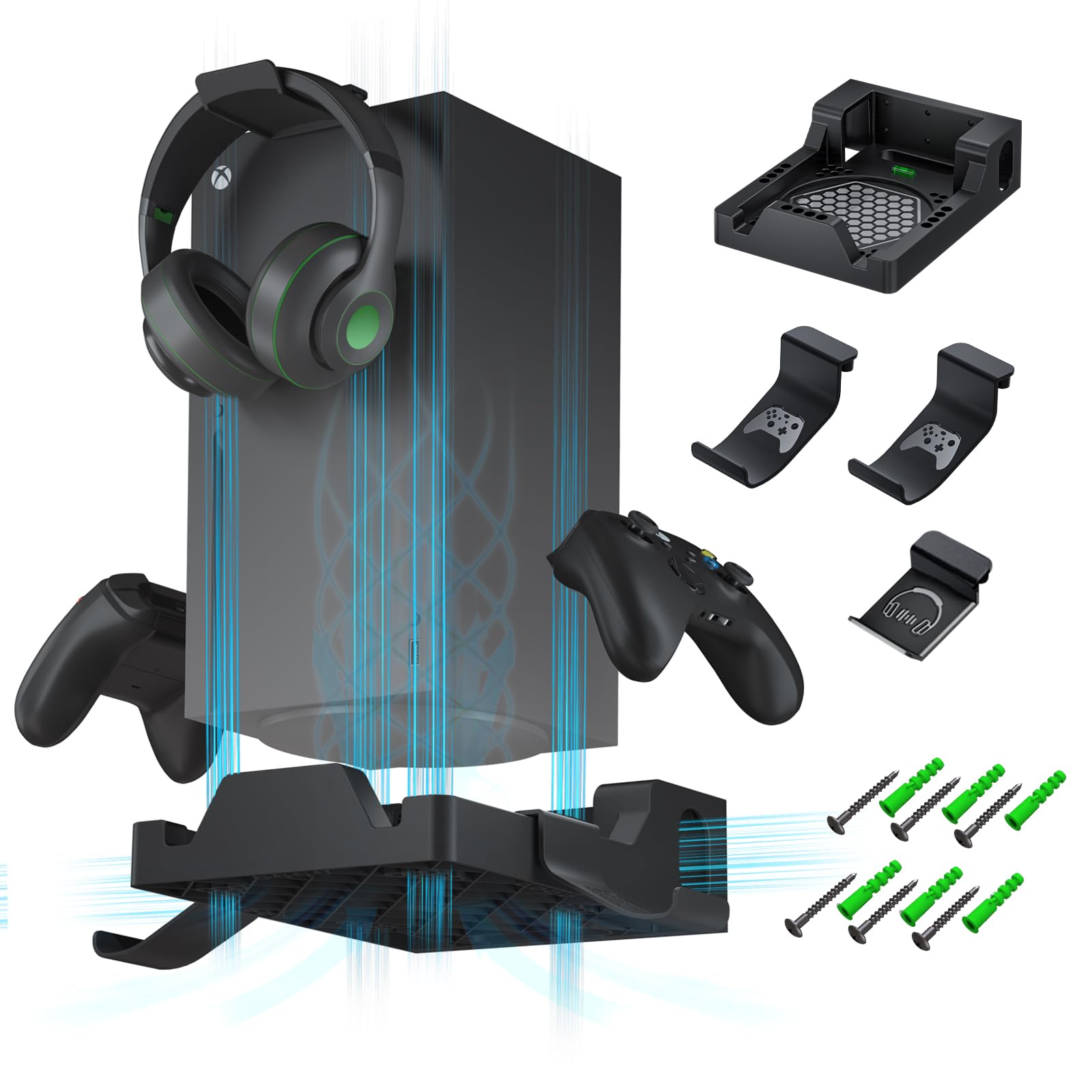 Wiilkac Wall Mount for Xbox Series X, 4 in 1 Wall Mount Kit for Xbox Series X with Two Controller Holders & Headphone Hook, Integrated and Ventilation Design, Console Can Face Forward