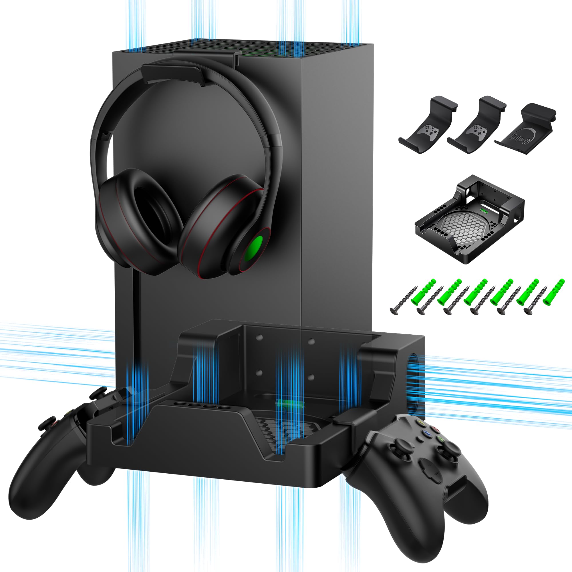 Wall Mount for Xbox Series X with 2 Controller Holders and 1 Headphone Stand, Wall Mount Kit for Xbox Series X Accessories, Dual Ventilation Design Wall Shelf, Place Console Front Facing