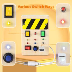 ToyoFun Busy Board with Light Switch & Push Buttons, Wooden Led Busy Boards with 6 Modes Light Switch and Upgraded USB Pluggable Wires for 1-3 Years Toddlers Sensory Toy