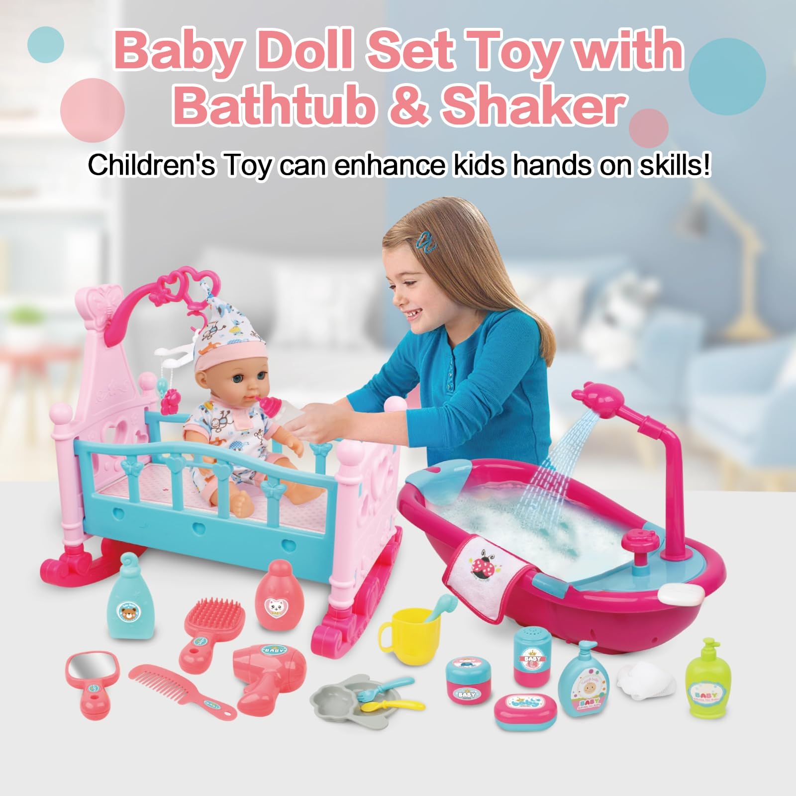 RedCrab 12" Baby Doll Toys Newborn Doll Bath and Bed Play Set - 2-in-1 Shaker and Bathtub with Shower Spray and 25pcs Accessories for Girls Pretend Play,Toy Gift Set for 3+ Year Old Kids