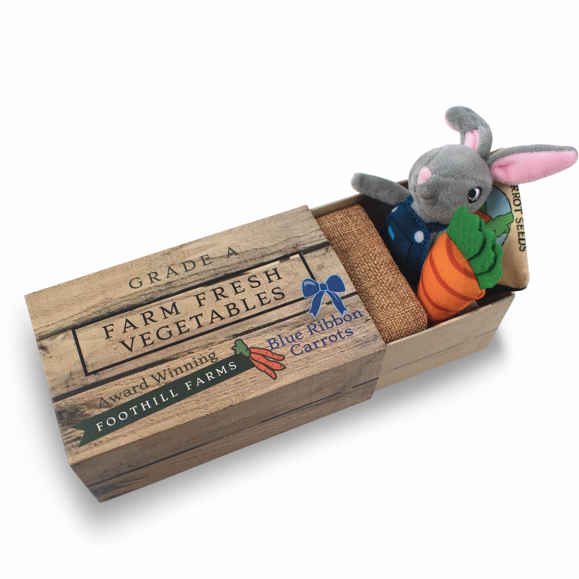 Foothill Toy Co. Animals in Boxes - 'Hopper The Garden Rabbit' Playset with Stuffed Bunny in a Vegetable Crate Bed