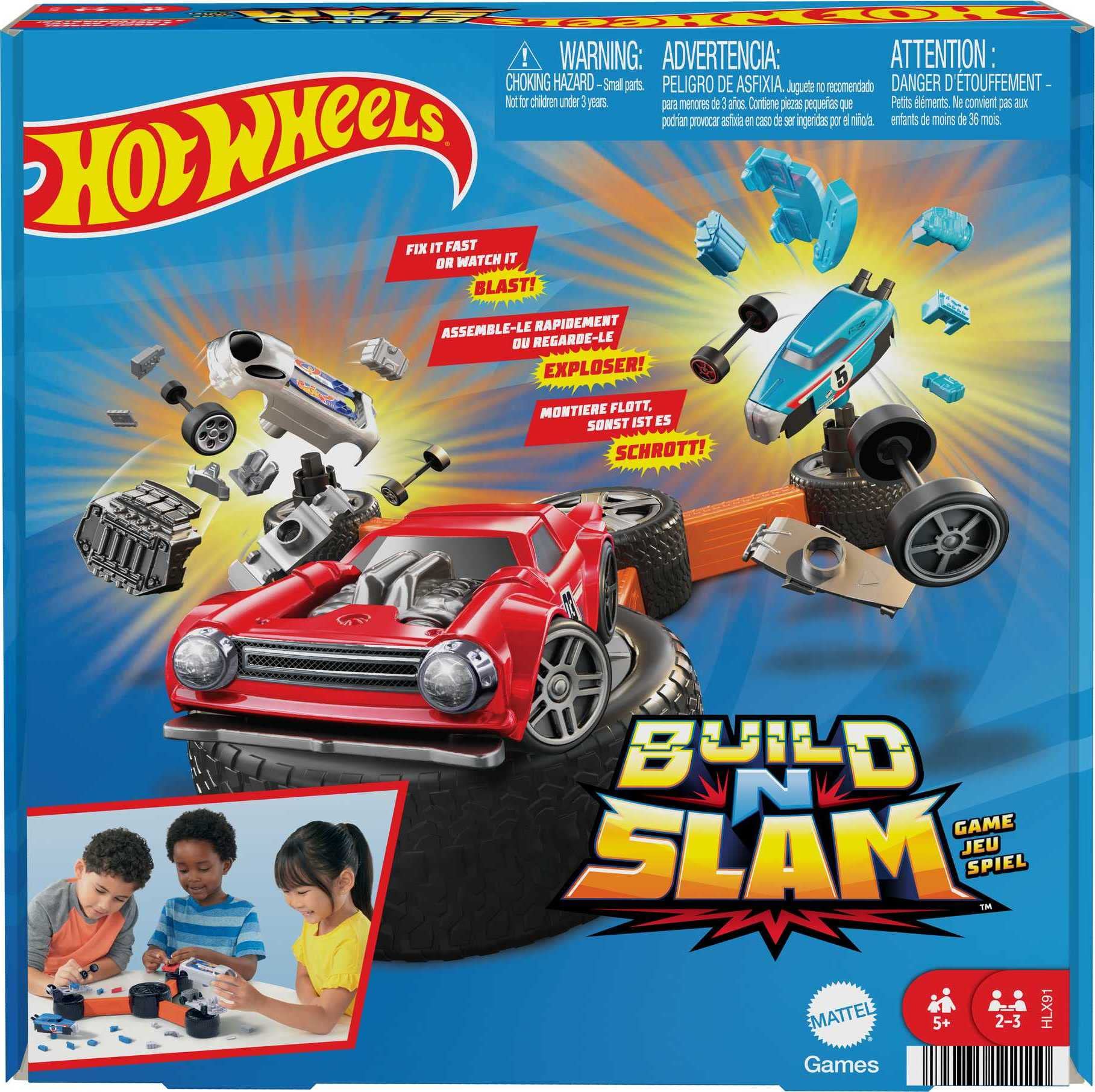 Mattel Games Hot Wheels Build ‘N Slam Kids Game with Buildable Classic Cars, Fix it Fast or Watch it Blast for 1-3 Players