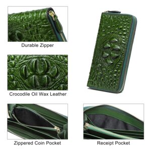 Women Leather Wallet RFID Designer crocodile Large Capacity Credit Cards Holder Organizer Phone Clutch (Green)