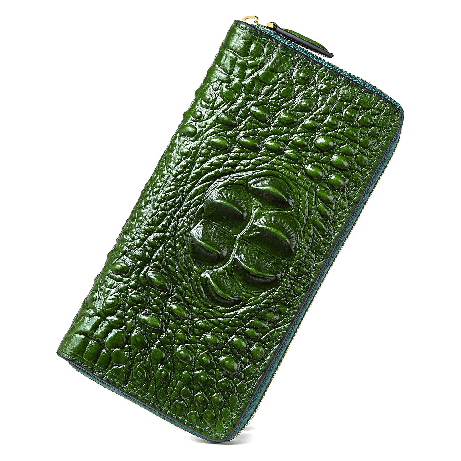 Women Leather Wallet RFID Designer crocodile Large Capacity Credit Cards Holder Organizer Phone Clutch (Green)