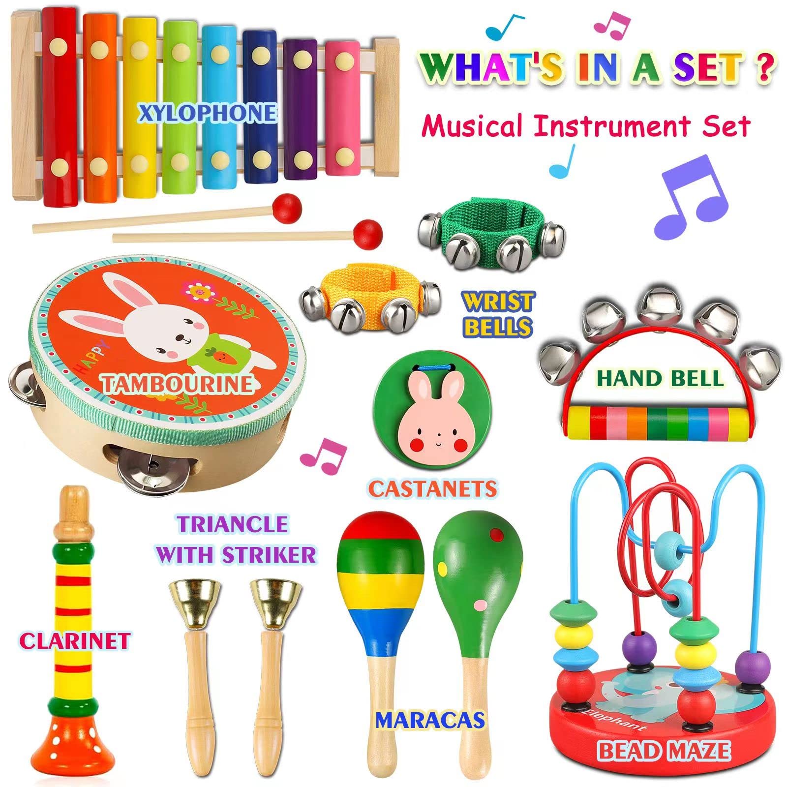 LOOIKOOS Toddler Musical Instruments Toys, Wooden Percussion Instruments Set for Kids Baby with Xylophone, Preschool Educational Musical Toys for Boys and Girls with Storage Bag(12pcs)