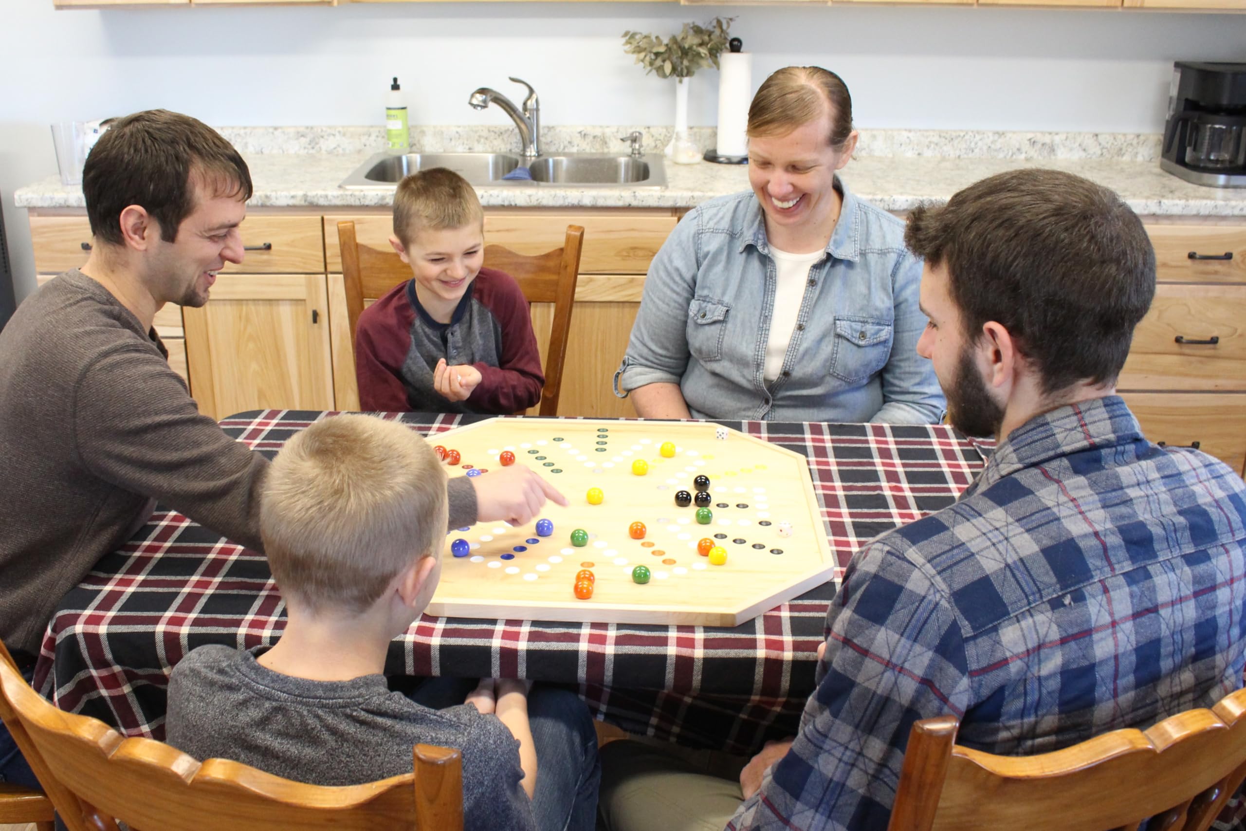 AmishToyBox.com Large Wahoo Marble Game Board Set - 25" Wide - Maple Wood - Double-Sided - with Large 1" Marbles and Dice Included