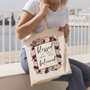 Hyturtle Religious Christian Gifts for Girl Women - Birthday Christmas - Blessed Is She Who Has Believed Canvas Tote Bag