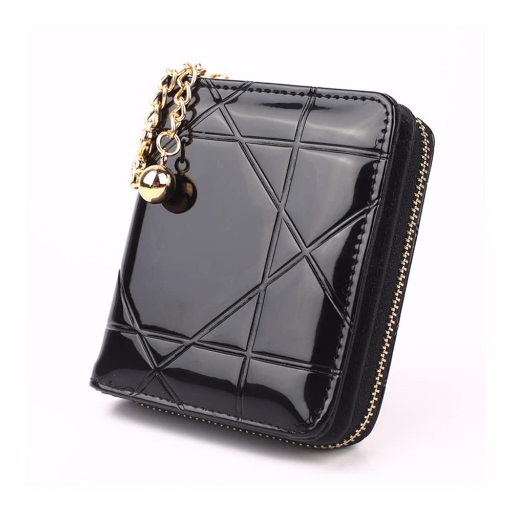 BAIGUAN Cute Wallet Ladies Coin Purse Short 3 Fold Small Wallet Ladies Credit Card Holder Ladies Patent Leather Case Wallet (Color : Black)