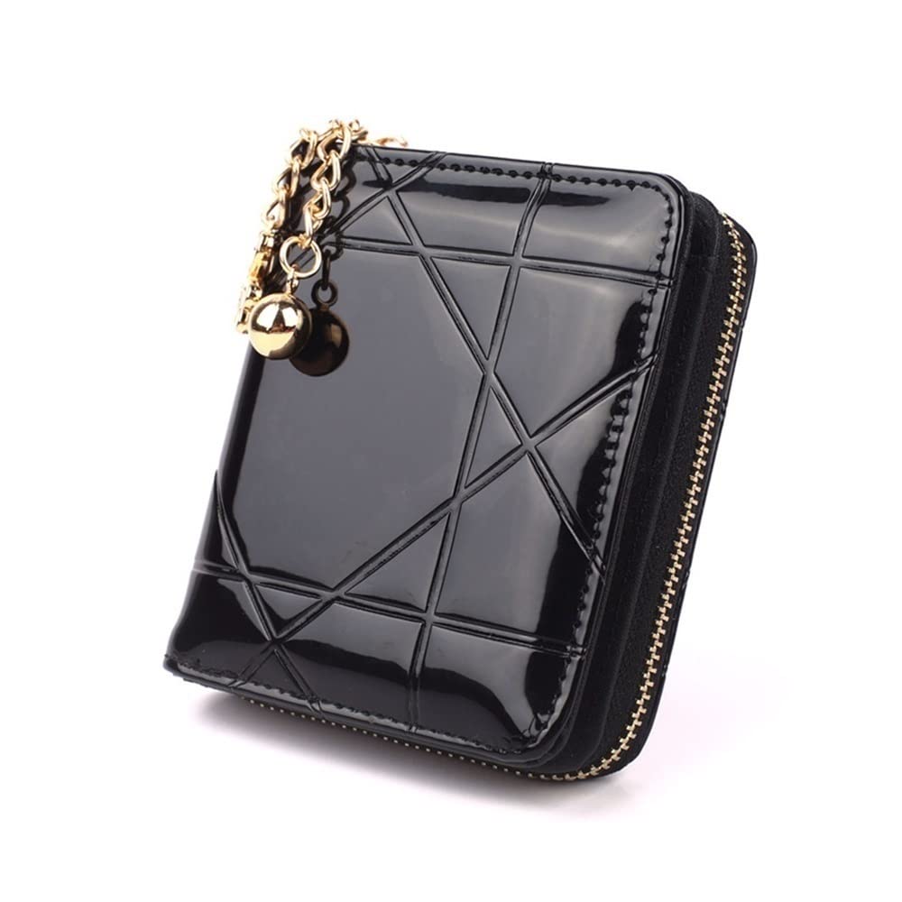 BAIGUAN Cute Wallet Ladies Coin Purse Short 3 Fold Small Wallet Ladies Credit Card Holder Ladies Patent Leather Case Wallet (Color : Black)