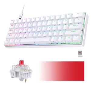 kemove snowfox dk61 60% wireless mechanical gaming keyboard, 2.4g/type-c/bluetooth, hot swappable rgb backlit 61 keys, anti ghosting/n-key rollover 3000mah battery, red switch/white