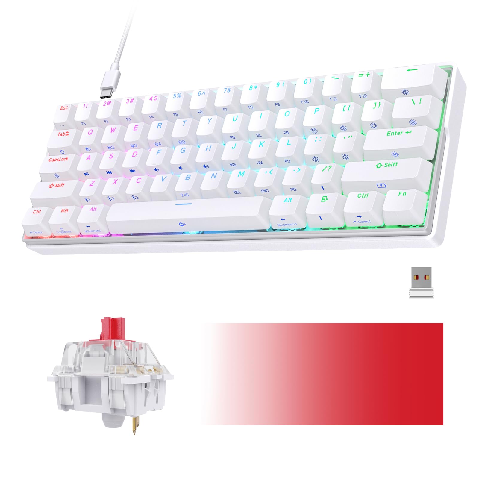 KEMOVE Snowfox DK61 60% Wireless Mechanical Gaming Keyboard, 2.4G/Type-C/Bluetooth, Hot Swappable RGB Backlit 61 Keys, Anti Ghosting/N-Key Rollover 3000mAH Battery, Red Switch/White