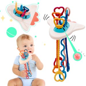 montessori toys for babies 6-12 months baby food grade silicone sensory travel pull string rattle teething toys for 3-6 months 1 year old hang on stroller crib car seat fidget gift for infant toddler