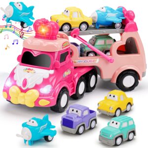 Toys for 1 2 3 Year Old Girl Gifts: 5-in-1 Carrier Truck Toddler Girl Toys Age 1-2 Pink Princess Car Toys for Toddlers 1 2 3 Years Old Baby Girl Birthday Gifts