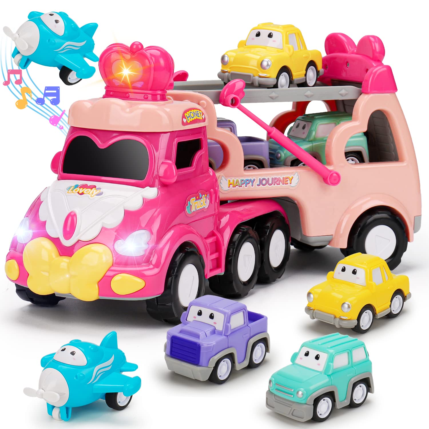 Toys for 1 2 3 Year Old Girl Gifts: 5-in-1 Carrier Truck Toddler Girl Toys Age 1-2 Pink Princess Car Toys for Toddlers 1 2 3 Years Old Baby Girl Birthday Gifts