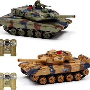 Fistone RC Battle Tank Set, 1/24 Scale 2.4G Remote Control T90 Tank and Leopard Battle Tank with Realistic Sounds, Lights, Life Indicators and Spray Military Toys for Kids and Adults