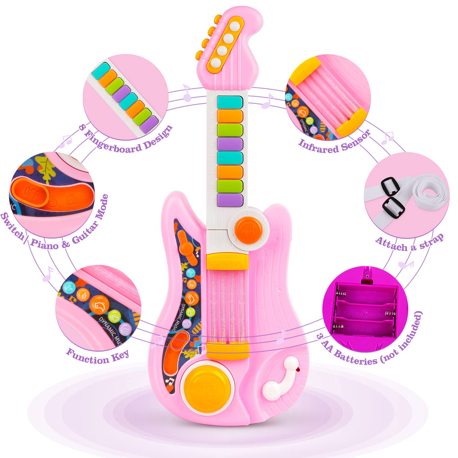 Kids Guitar, Perkidern Kids Electric Guitar Toy Toddler Guitar with Piano Mode Baby Guitar Children Guitar with Strap and Lights Ideal for 3+ Year Old Boys Girls Birthday