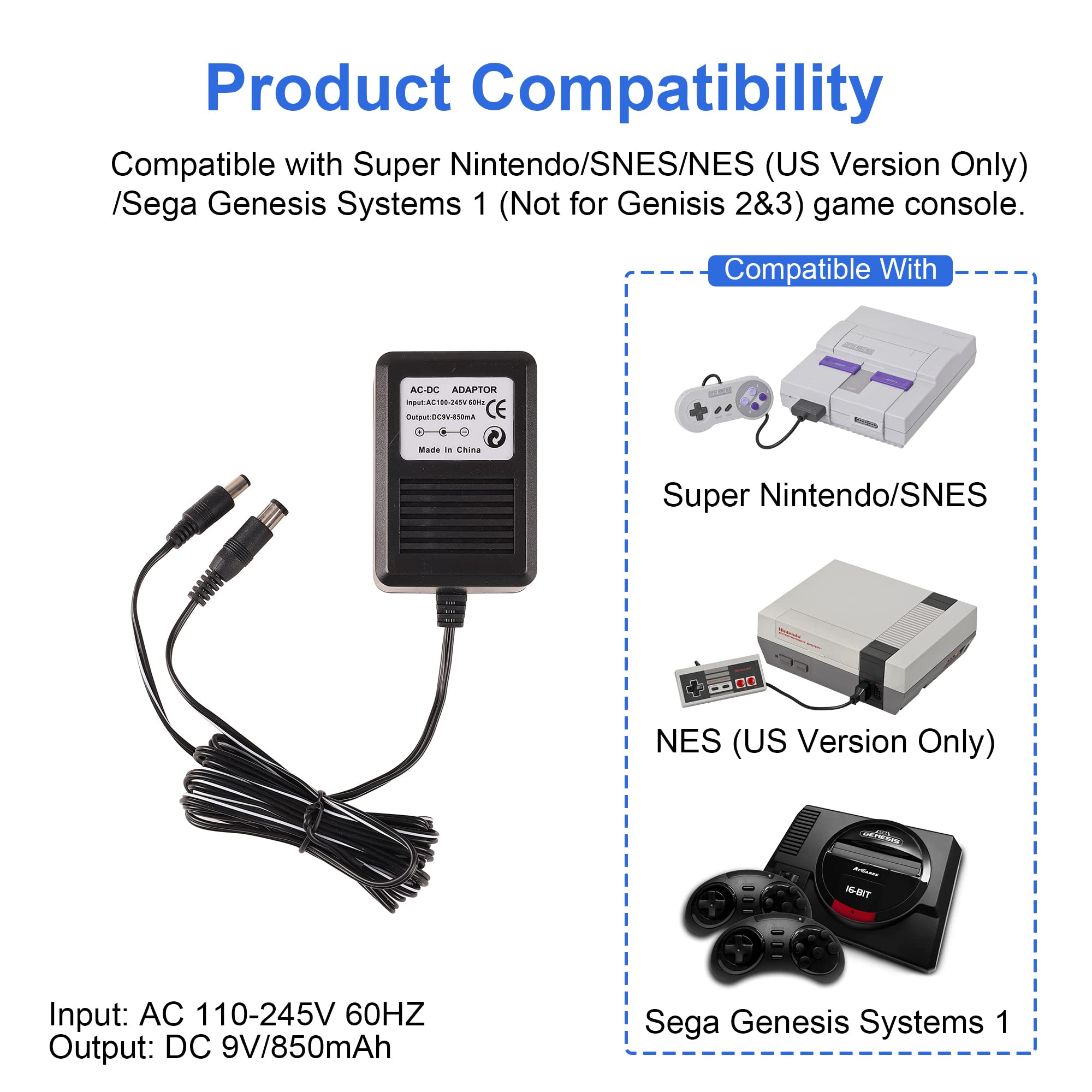 SNES Power Cord, NES Power Cord, AC Power Supply Compatible with Super Nintendo/SNES/NES/Genesis1