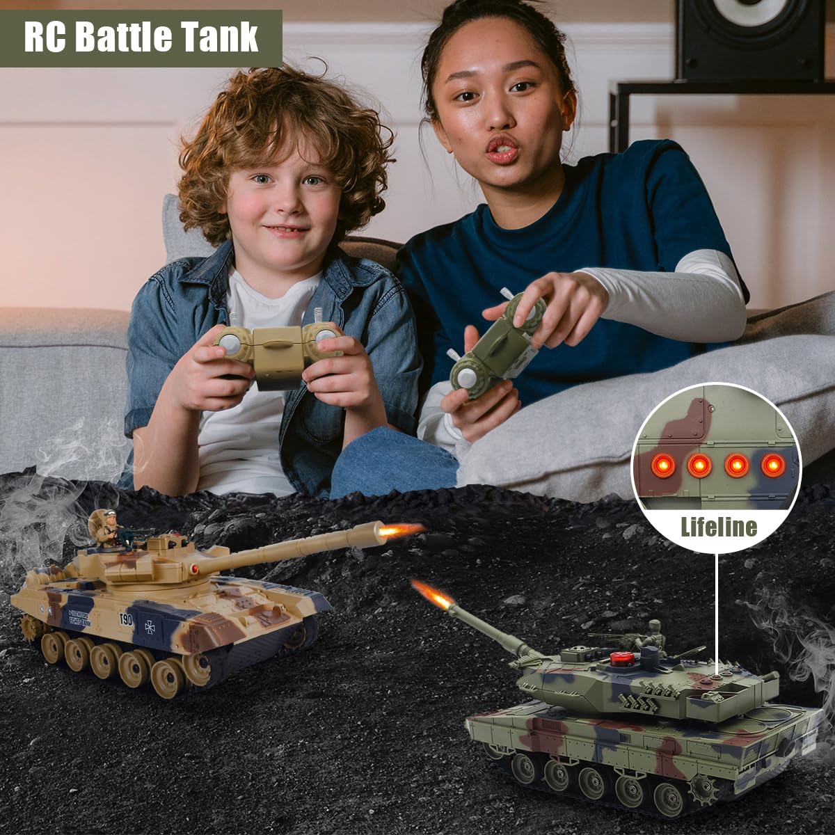 Fistone RC Battle Tank Set, 1/24 Scale 2.4G Remote Control T90 Tank and Leopard Battle Tank with Realistic Sounds, Lights, Life Indicators and Spray Military Toys for Kids and Adults