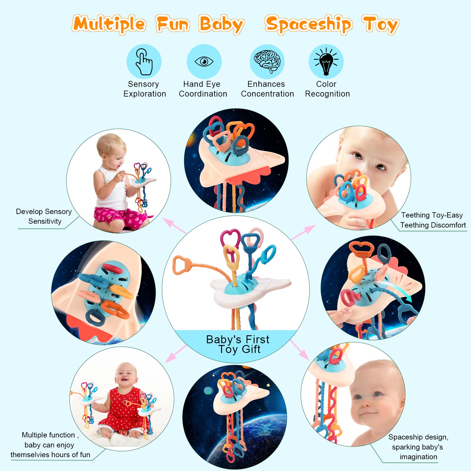 Montessori Toys for Babies 6-12 Months Baby Food Grade Silicone Sensory Travel Pull String Rattle Teething Toys for 3-6 Months 1 Year Old Hang on Stroller Crib Car Seat Fidget Gift for Infant Toddler