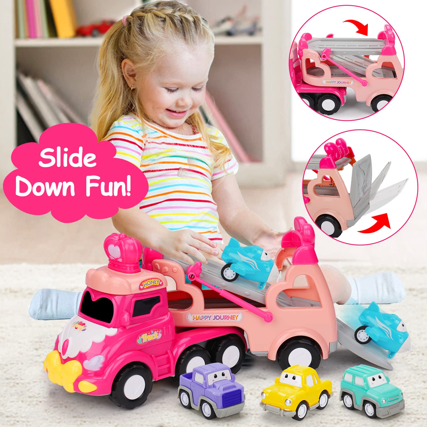 Toys for 1 2 3 Year Old Girl Gifts: 5-in-1 Carrier Truck Toddler Girl Toys Age 1-2 Pink Princess Car Toys for Toddlers 1 2 3 Years Old Baby Girl Birthday Gifts