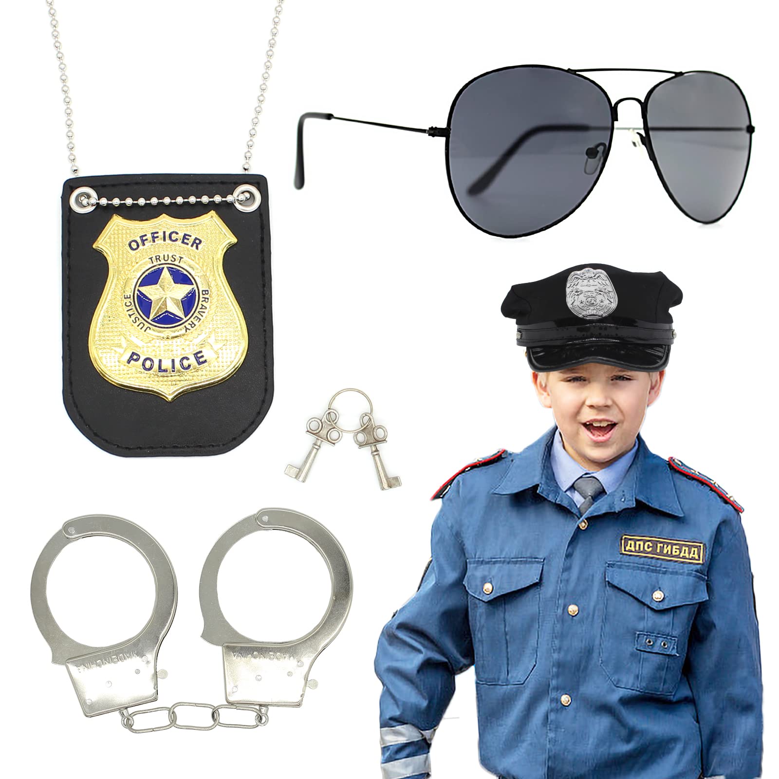 Timisea Police Accessories Kit - Pretend Play Detective Role Costume Set With Hat, Handcuffs, Sunglasses, Badge for Kids