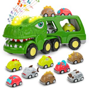 hegud dinosaur car toy for 4 5 years old boys, 9-in-1 friction power carrier truck toys for kids 4-5, christmas birthday gift with sound & lights for boys girls kids toddlers for age 4-9