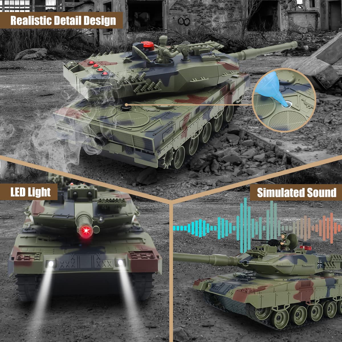 Fistone RC Battle Tank Set, 1/24 Scale 2.4G Remote Control T90 Tank and Leopard Battle Tank with Realistic Sounds, Lights, Life Indicators and Spray Military Toys for Kids and Adults