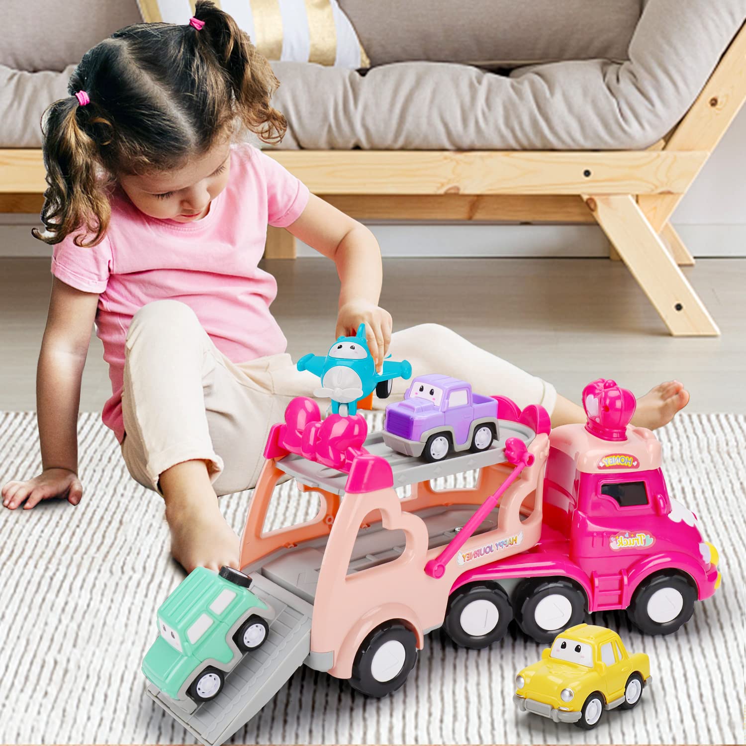 Toys for 1 2 3 Year Old Girl Gifts: 5-in-1 Carrier Truck Toddler Girl Toys Age 1-2 Pink Princess Car Toys for Toddlers 1 2 3 Years Old Baby Girl Birthday Gifts