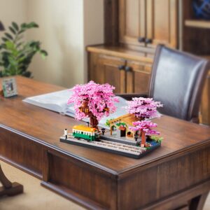 Architecture, Japanese Sakura Tree Class Train Station Cherry Blossom Tree Building Block Model Kit 3668 PCS for Adults and Kids, Classical Building Micro Blocks Set,Mini DIY Assembly Toy