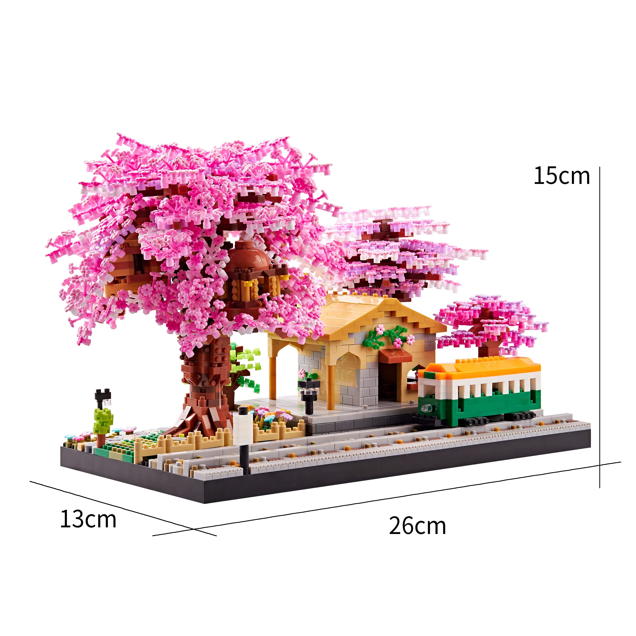 Architecture, Japanese Sakura Tree Class Train Station Cherry Blossom Tree Building Block Model Kit 3668 PCS for Adults and Kids, Classical Building Micro Blocks Set,Mini DIY Assembly Toy