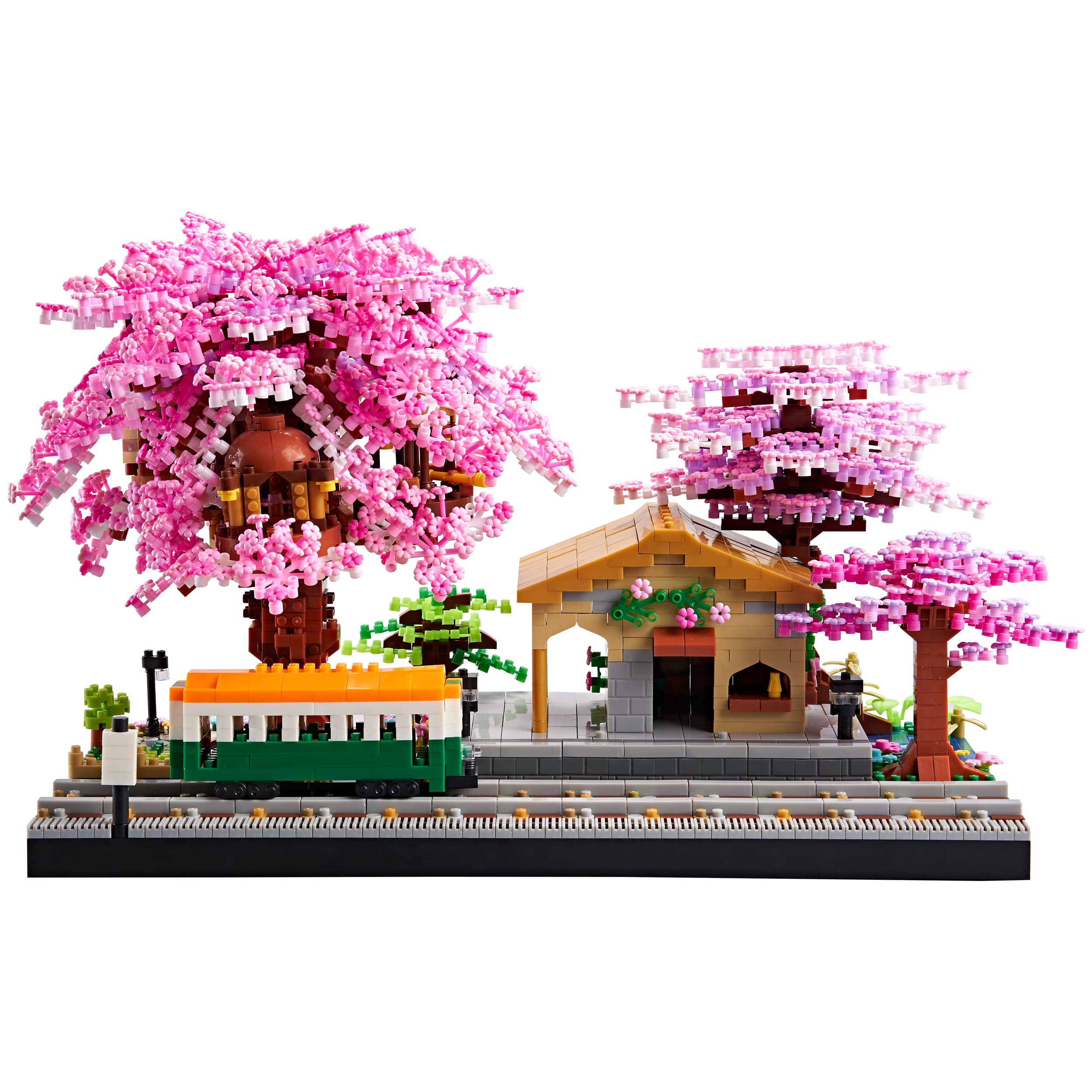 Architecture, Japanese Sakura Tree Class Train Station Cherry Blossom Tree Building Block Model Kit 3668 PCS for Adults and Kids, Classical Building Micro Blocks Set,Mini DIY Assembly Toy