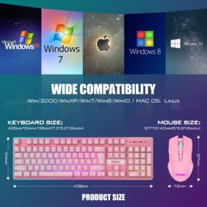 RedThunder K10 Wireless Gaming Keyboard and Mouse Combo, LED Backlit Rechargeable 3800mAh Battery, Mechanical Feel Anti-ghosting Keyboard + 7D 3200DPI Mice for PC Gamer (Pink)